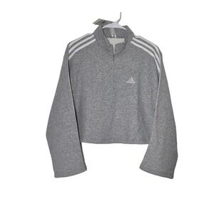 Adidas Sweatshirt Womens Medium Gray 1/4 Zip Fleece 3-Stripes Logo Crop Pullover